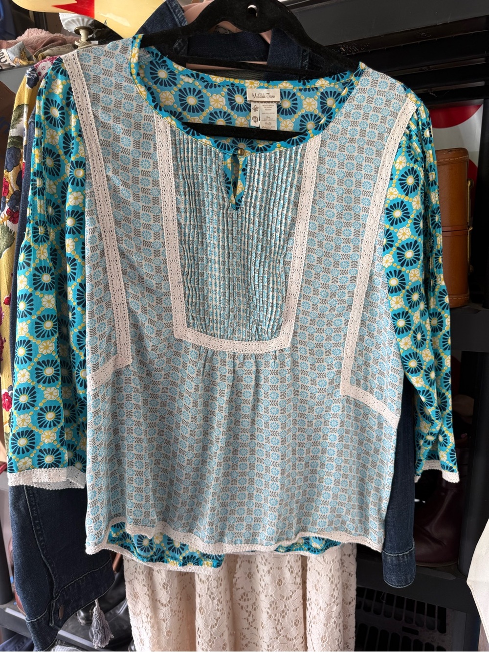 Matilda Jane Teal, Turquoise & White Mixed-Print Peasant Tunic